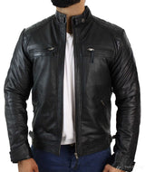 Äkta Läder Retro Style Zipless Bikerjacka Herr Mjuk Svart Casual-Svart