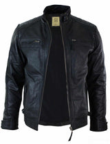 Äkta Läder Retro Style Zipless Bikerjacka Herr Mjuk Svart Casual-Svart