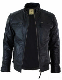 Äkta Läder Retro Style Zipless Bikerjacka Herr Mjuk Svart Casual-Svart