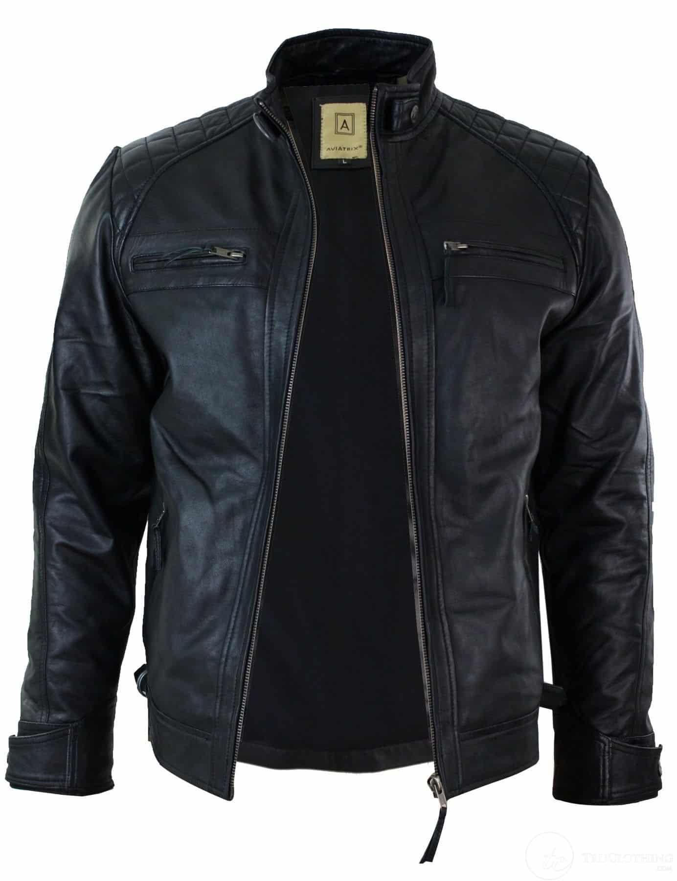 Äkta Läder Retro Style Zipless Bikerjacka Herr Mjuk Svart Casual-Svart