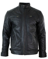 Äkta Läder Retro Style Zipless Bikerjacka Herr Mjuk Svart Casual-Svart