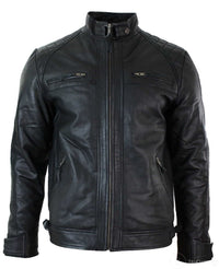 Äkta Läder Retro Style Zipless Bikerjacka Herr Mjuk Svart Casual-Svart