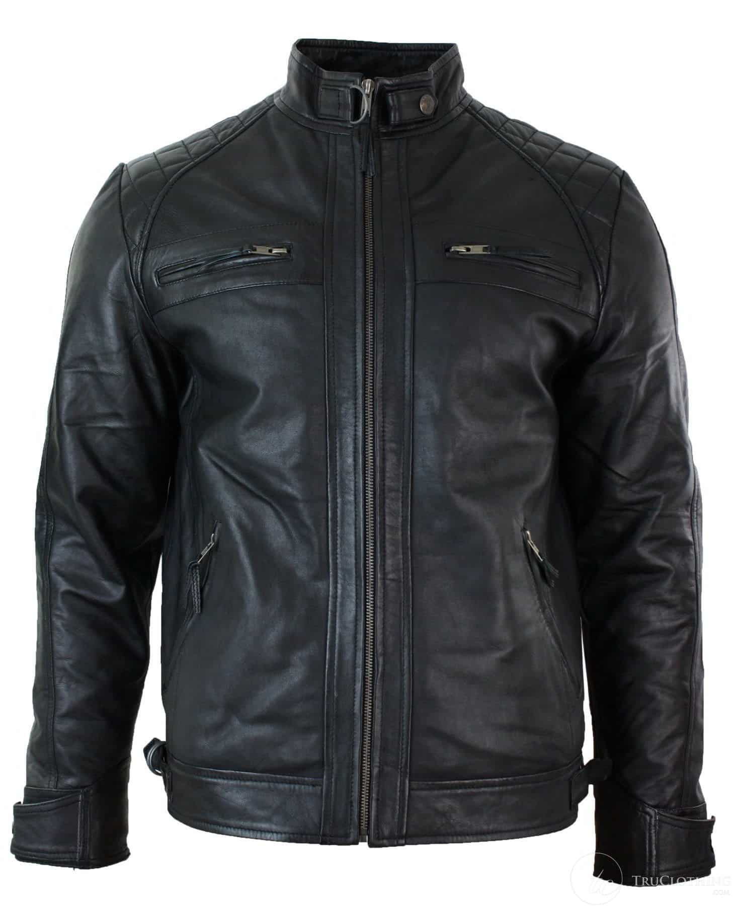 Äkta Läder Retro Style Zipless Bikerjacka Herr Mjuk Svart Casual-Svart
