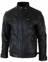 Äkta Läder Retro Style Zipless Bikerjacka Herr Mjuk Svart Casual-Svart