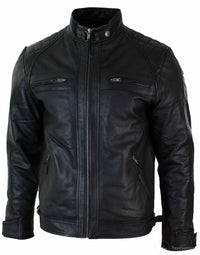 Äkta Läder Retro Style Zipless Bikerjacka Herr Mjuk Svart Casual-Svart