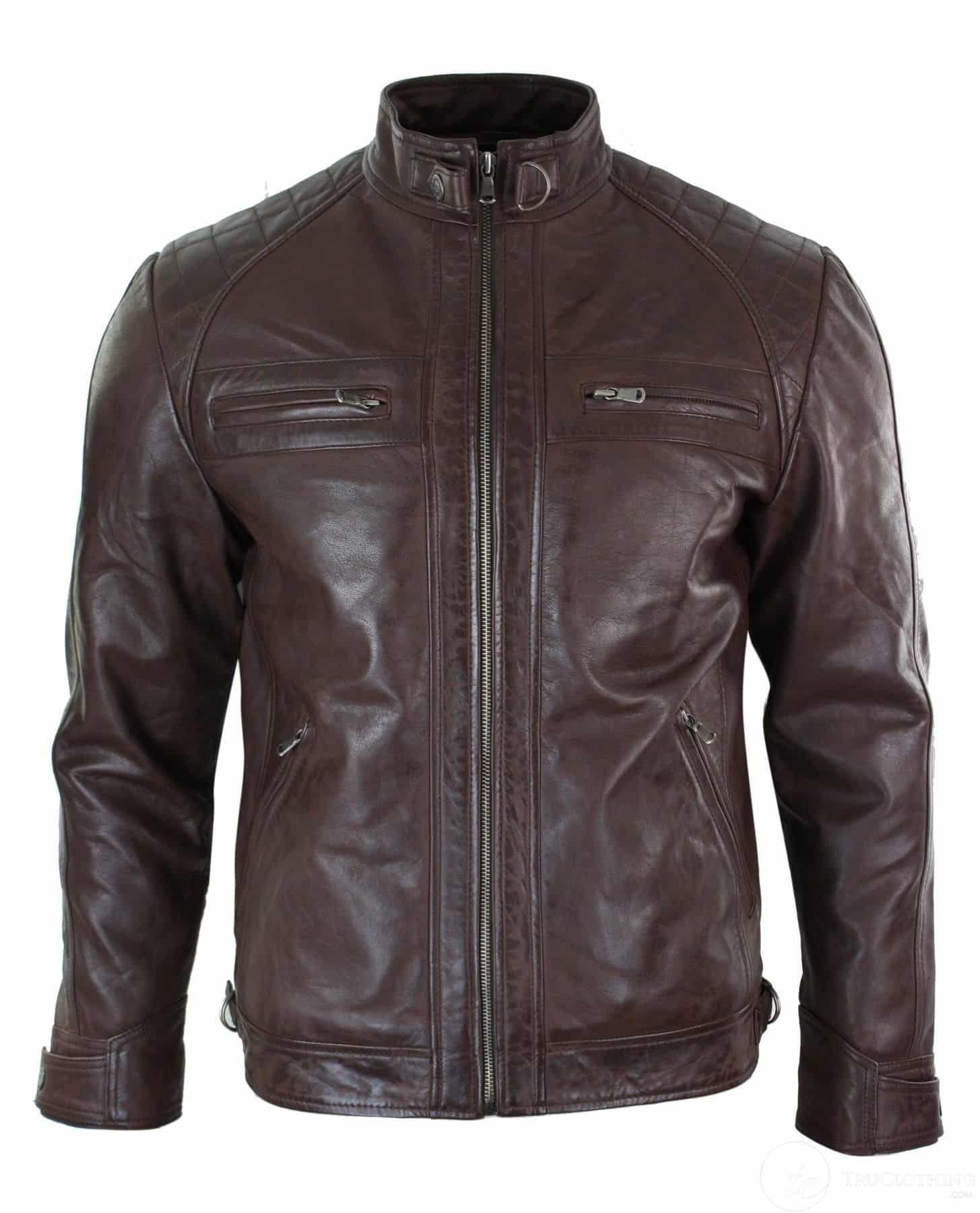 Äkta Läder Retro Style Dragkedja Herr Bikerjacka Mjuk Svart Casual-Brun