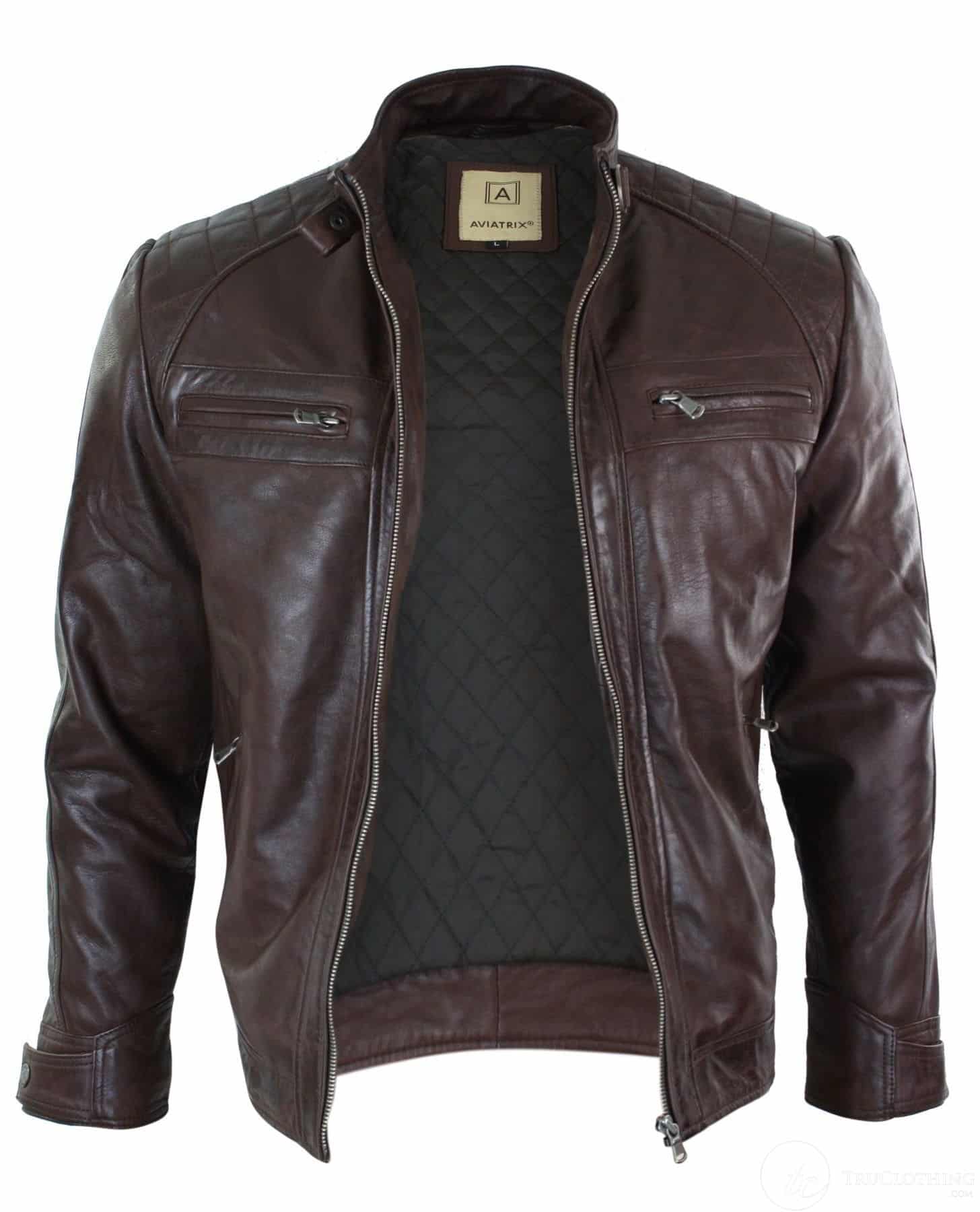 Äkta Läder Retro Style Dragkedja Herr Bikerjacka Mjuk Svart Casual-Brun