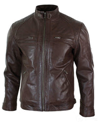 Äkta Läder Retro Style Dragkedja Herr Bikerjacka Mjuk Svart Casual-Brun