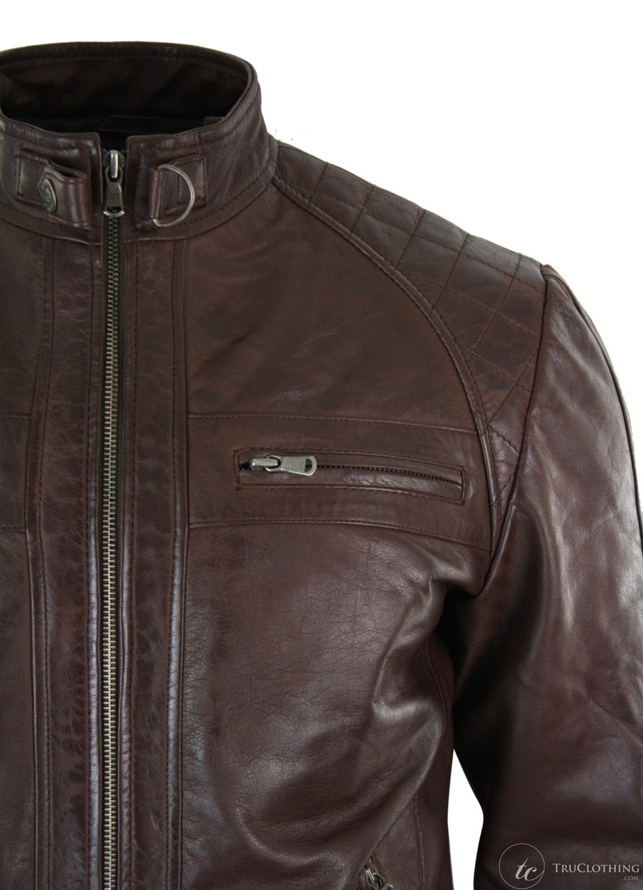 Äkta Läder Retro Style Dragkedja Herr Bikerjacka Mjuk Svart Casual-Brun