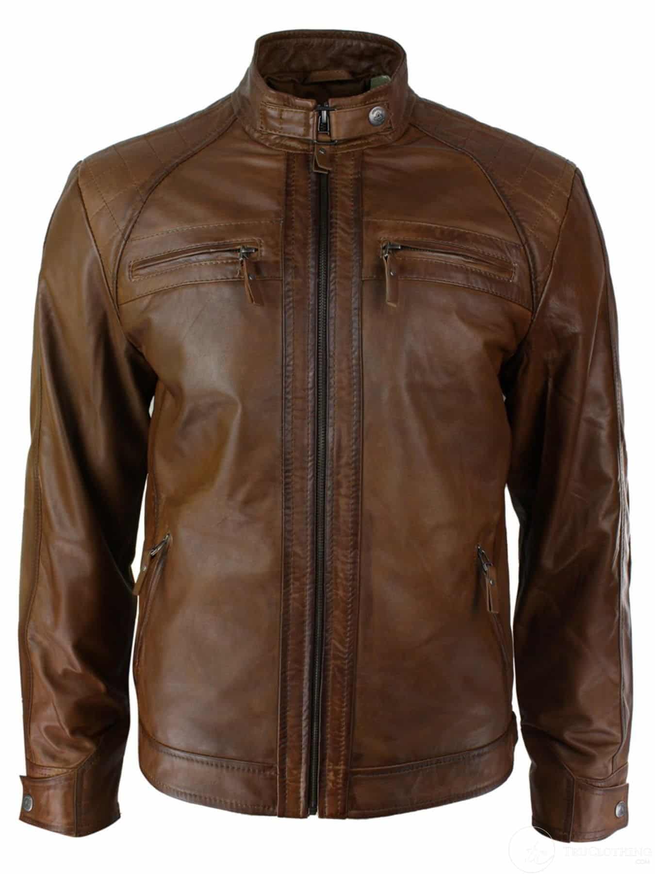 Herr Retro Bikerjacka Med Dragkedja I Äkta Läder Mjukt Svart Casual-Ljusbrun