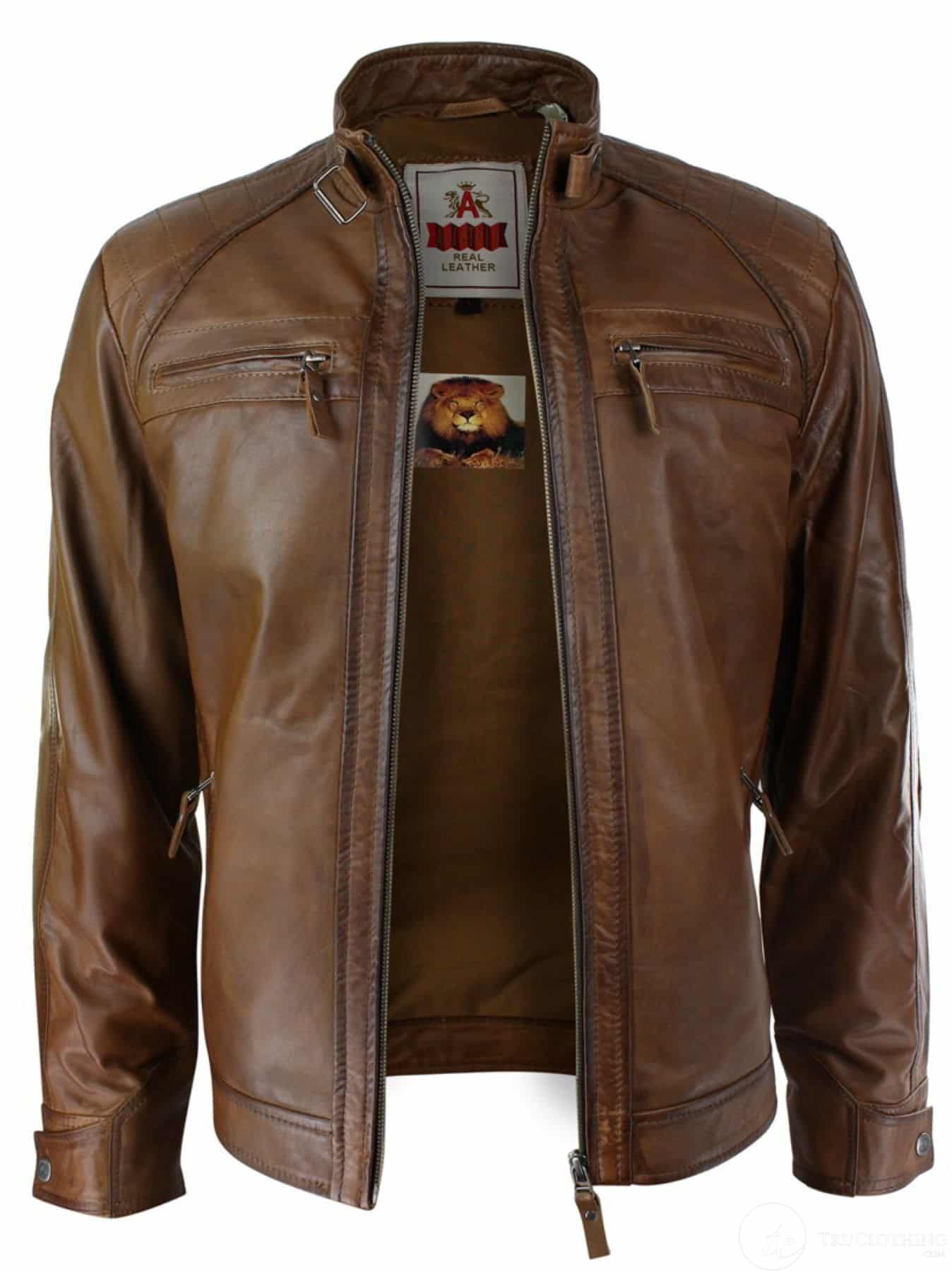 Herr Retro Bikerjacka Med Dragkedja I Äkta Läder Mjukt Svart Casual-Ljusbrun