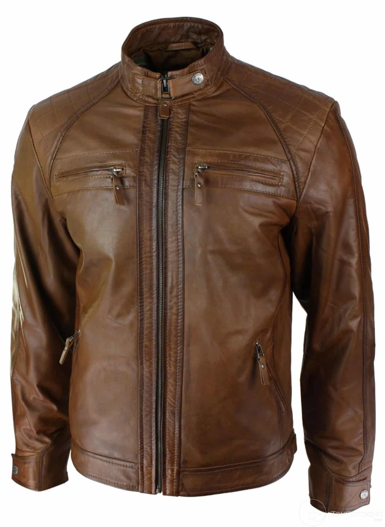 Herr Retro Bikerjacka Med Dragkedja I Äkta Läder Mjukt Svart Casual-Ljusbrun