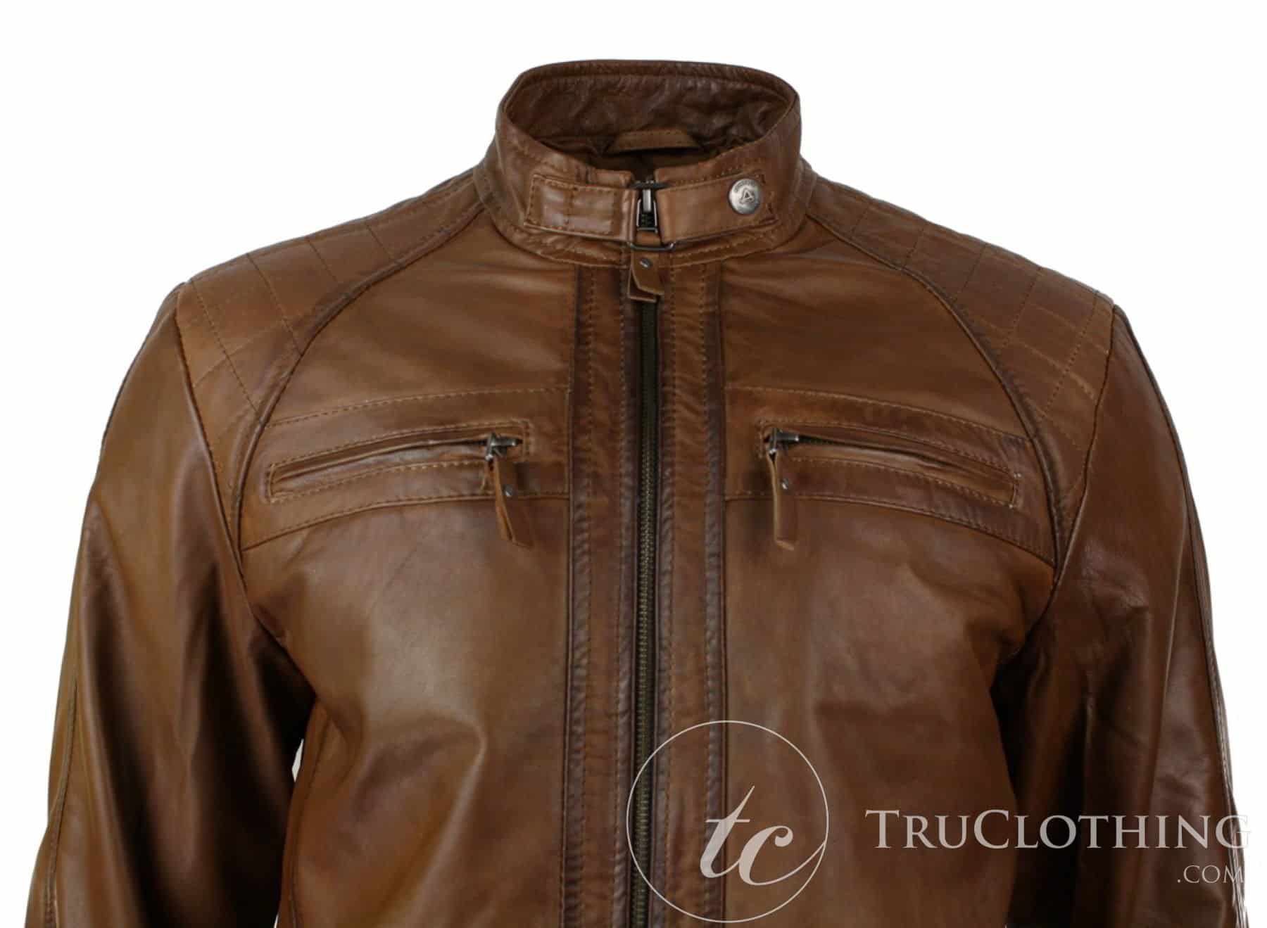 Herr Retro Bikerjacka Med Dragkedja I Äkta Läder Mjukt Svart Casual-Ljusbrun