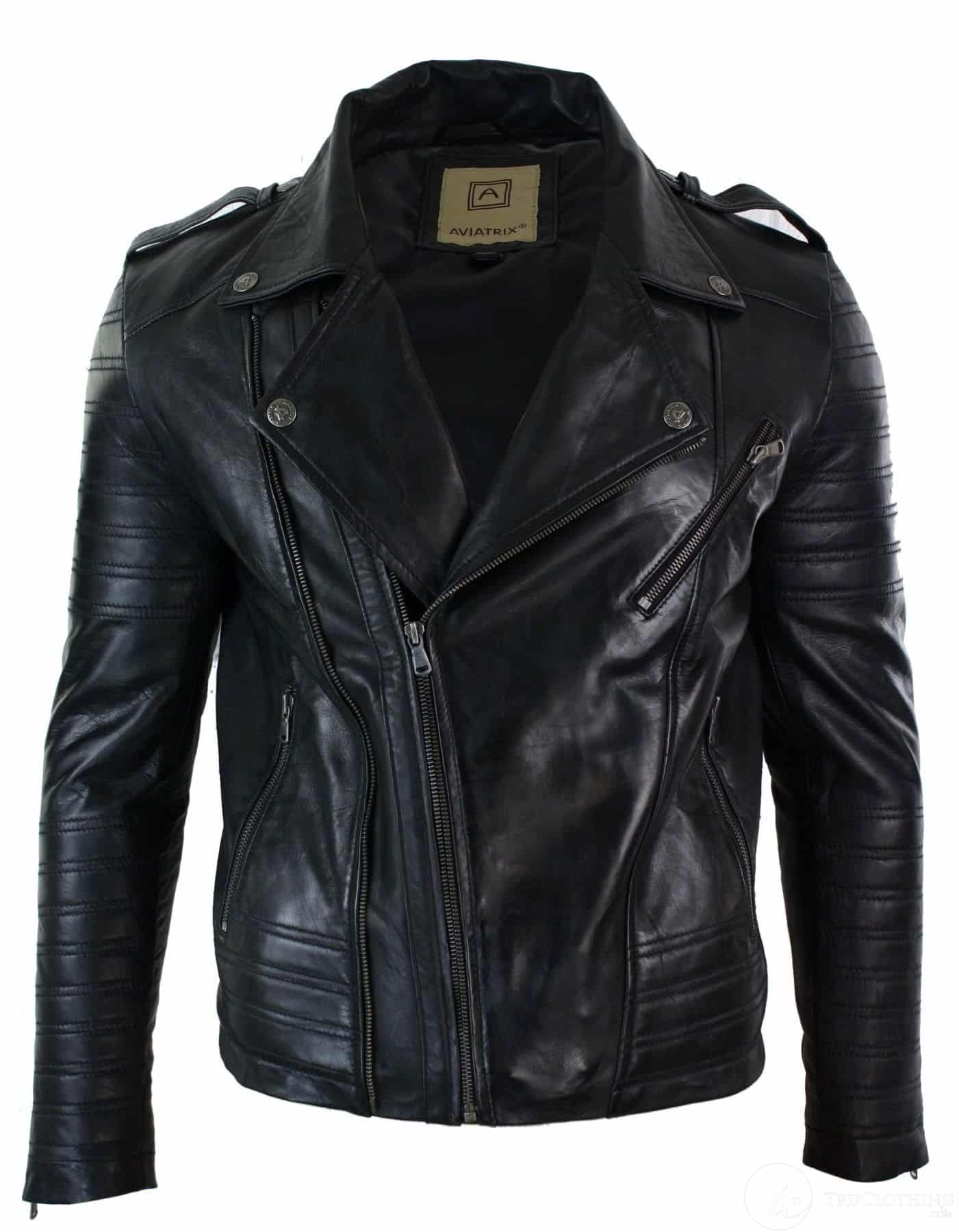 Äkta läder med dragkedja, vintage retro, herr, bikerjacka, svart, urban, slim fit-XXXL-svart