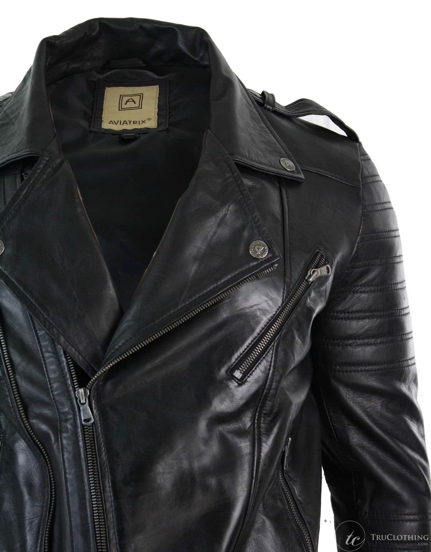 Äkta läder med dragkedja, vintage retro, herr, bikerjacka, svart, urban, slim fit-XXXL-svart