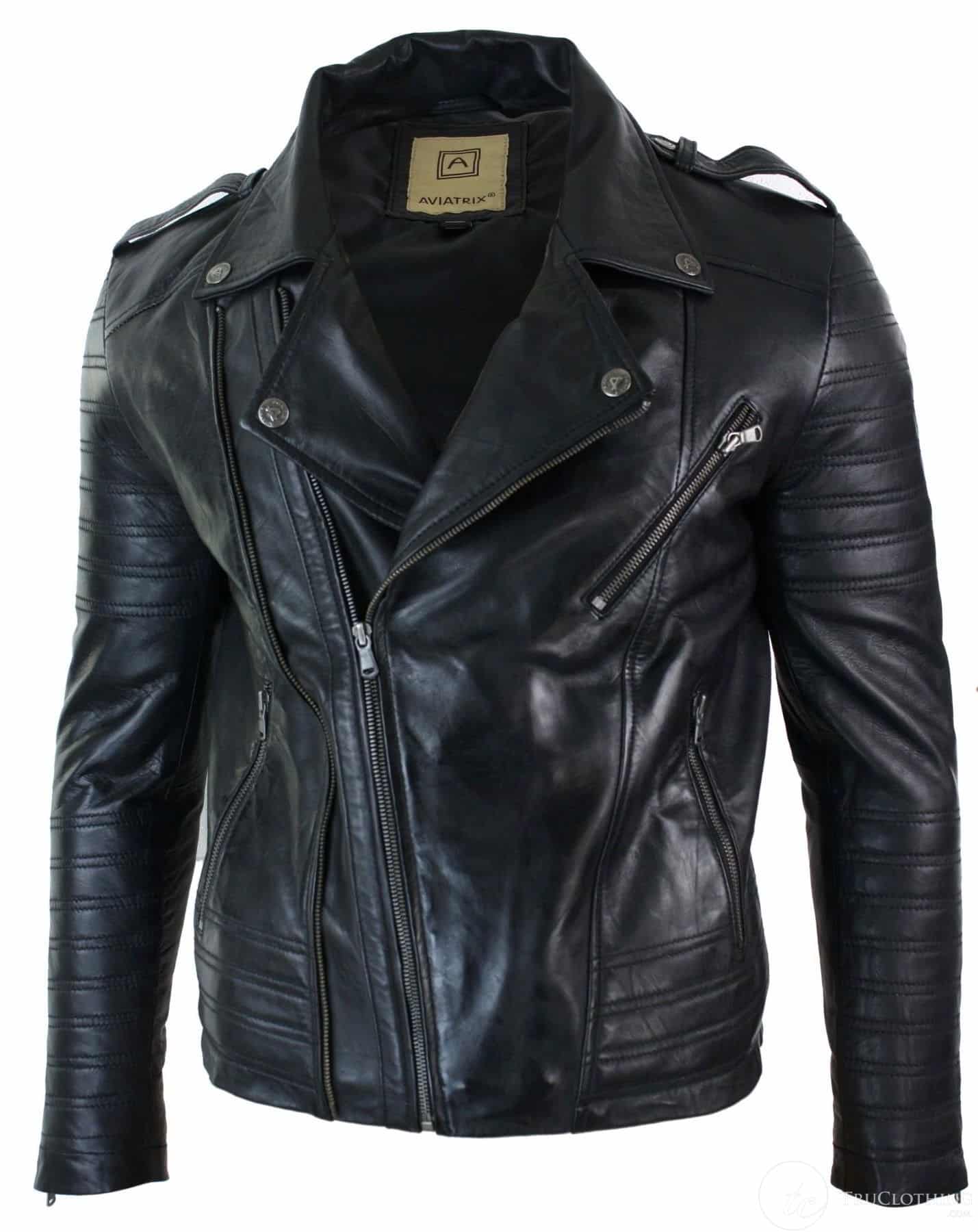 Äkta läder med dragkedja, vintage retro, herr, bikerjacka, svart, urban, slim fit-XXXL-svart