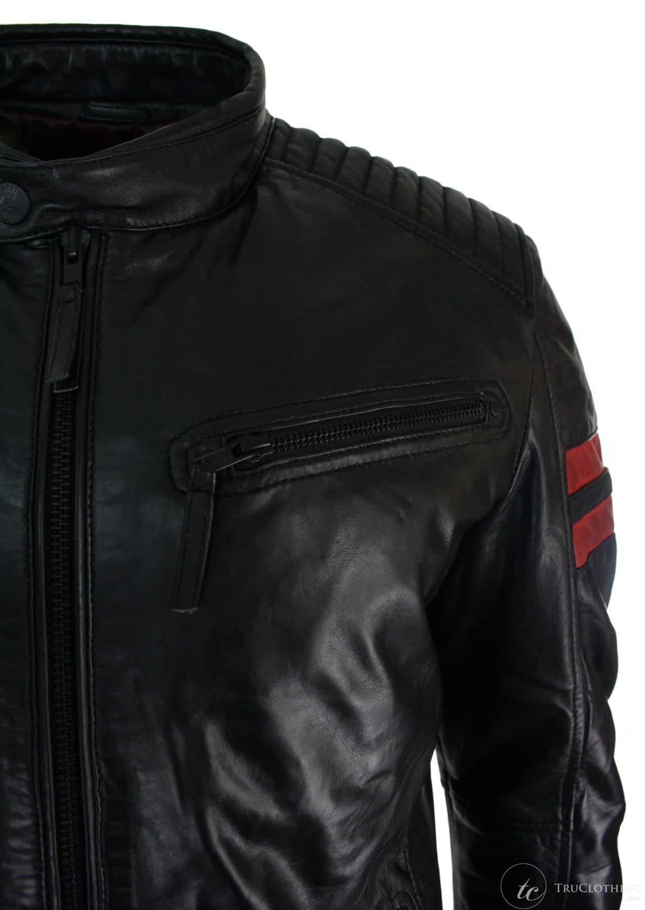 Svart herrbomberjacka i äkta läder, rödrandig, vadderad, slim fit, casual - svart