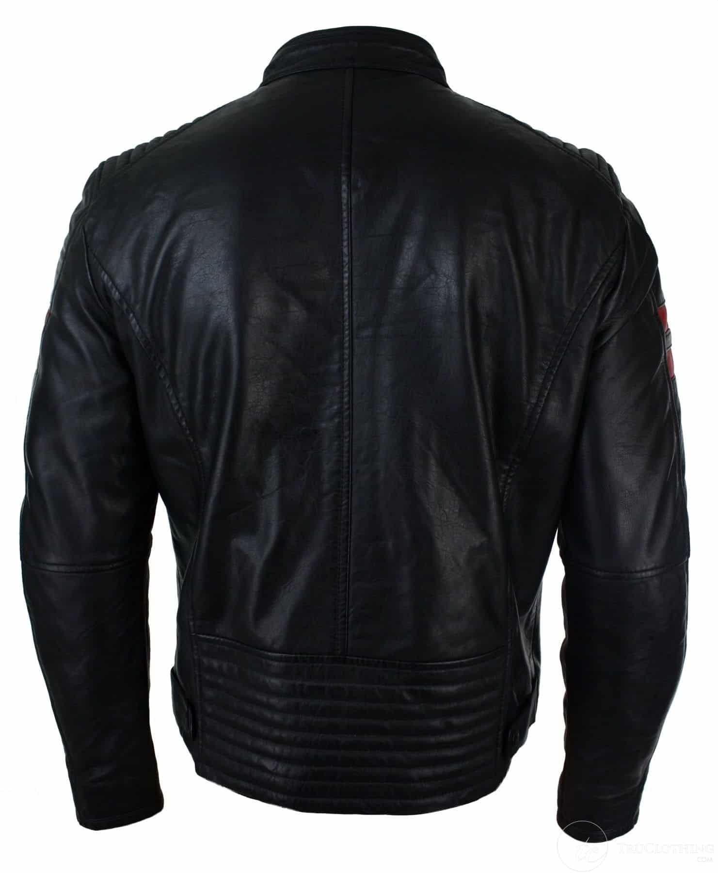 Svart herrbomberjacka i äkta läder, rödrandig, vadderad, slim fit, casual - svart