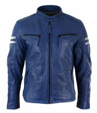 Äkta Läder Blå Bomberjacka Herr Vita Randiga Quilted Slim Fit Casual-Blå