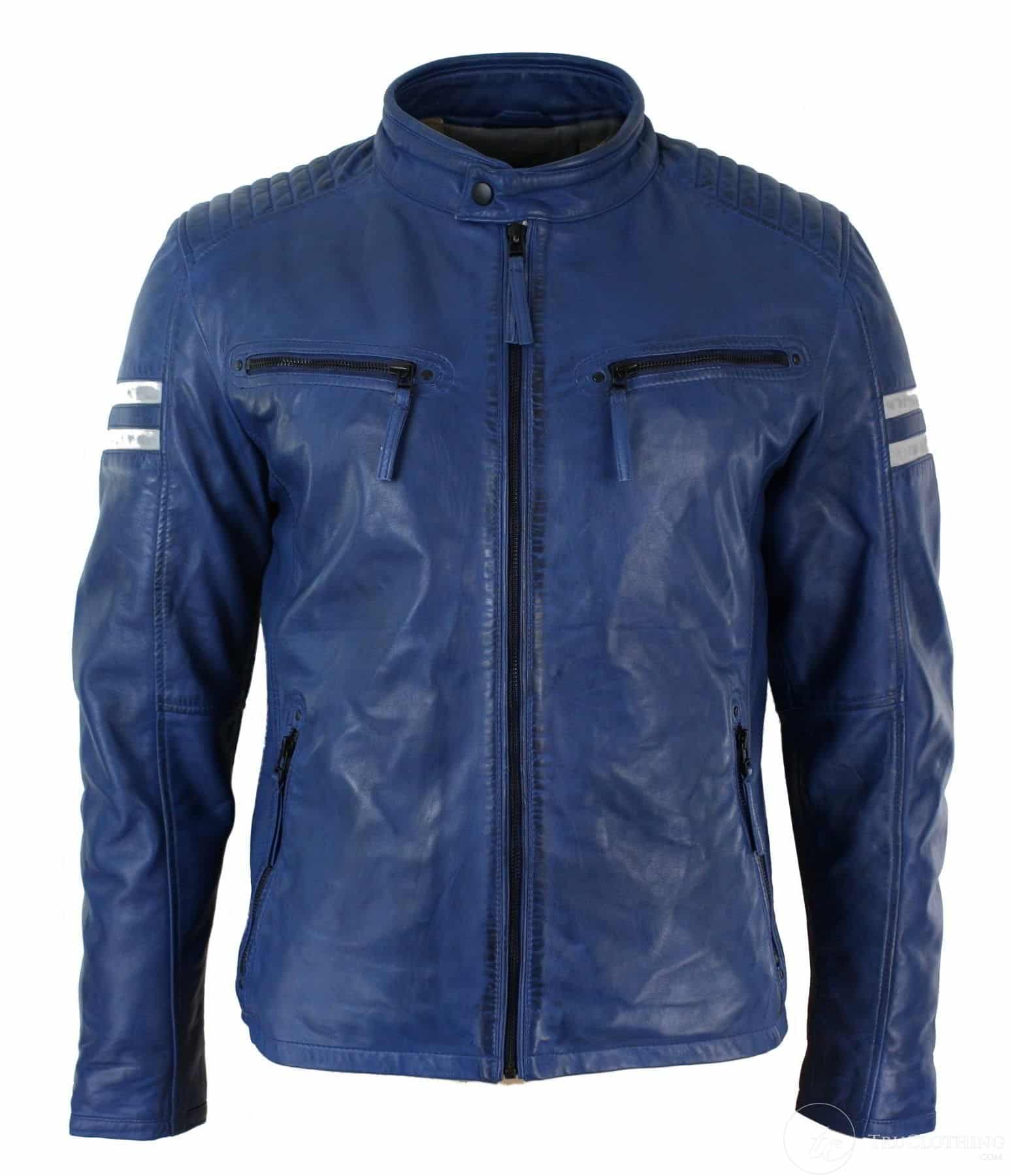 Äkta Läder Blå Bomberjacka Herr Vita Randiga Quilted Slim Fit Casual-Blå