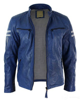 Äkta Läder Blå Bomberjacka Herr Vita Randiga Quilted Slim Fit Casual-Blå