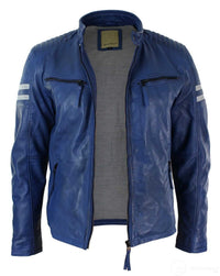Äkta Läder Blå Bomberjacka Herr Vita Randiga Quilted Slim Fit Casual-Blå