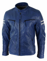 Äkta Läder Blå Bomberjacka Herr Vita Randiga Quilted Slim Fit Casual-Blå