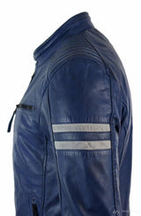 Äkta Läder Blå Bomberjacka Herr Vita Randiga Quilted Slim Fit Casual-Blå