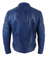 Äkta Läder Blå Bomberjacka Herr Vita Randiga Quilted Slim Fit Casual-Blå