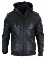 Herr Svart Huva Äkta Läder Bomberjacka Röda Randiga Quilted Slim Fit Casual