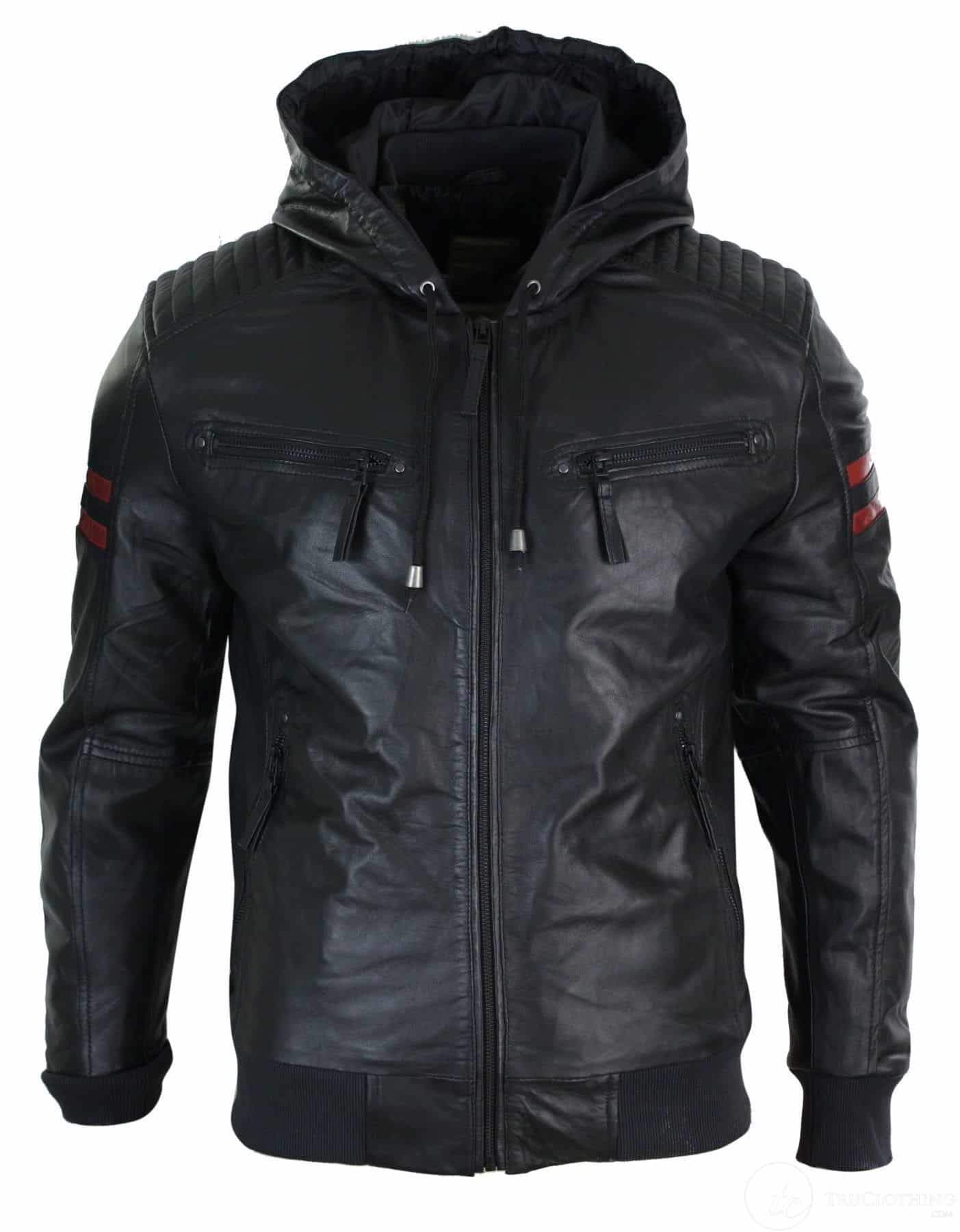 Herr Svart Huva Äkta Läder Bomberjacka Röda Randiga Quilted Slim Fit Casual