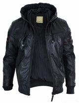 Herr Svart Huva Äkta Läder Bomberjacka Röda Randiga Quilted Slim Fit Casual