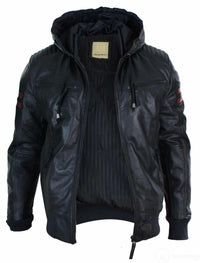 Herr Svart Huva Äkta Läder Bomberjacka Röda Randiga Quilted Slim Fit Casual