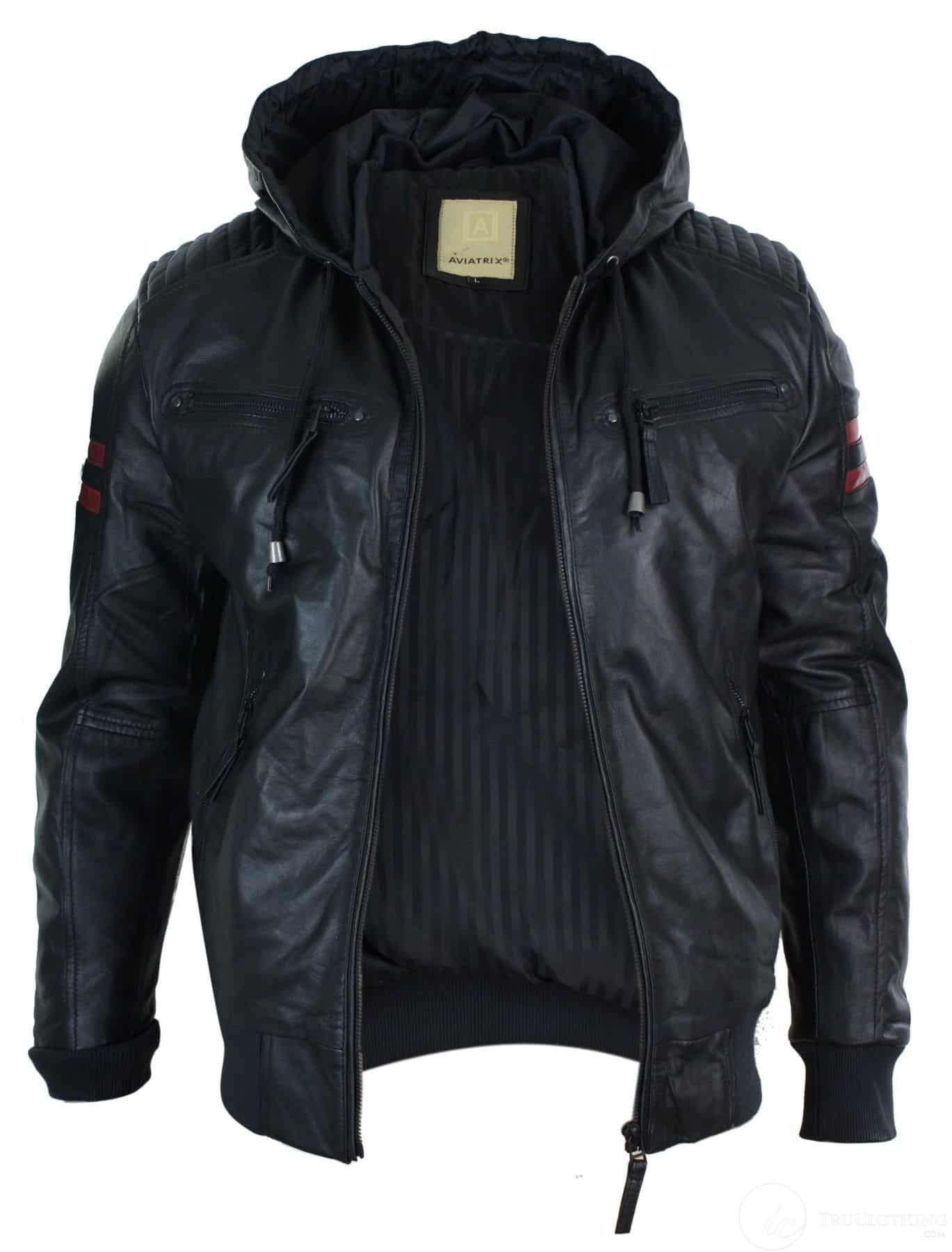 Herr Svart Huva Äkta Läder Bomberjacka Röda Randiga Quilted Slim Fit Casual