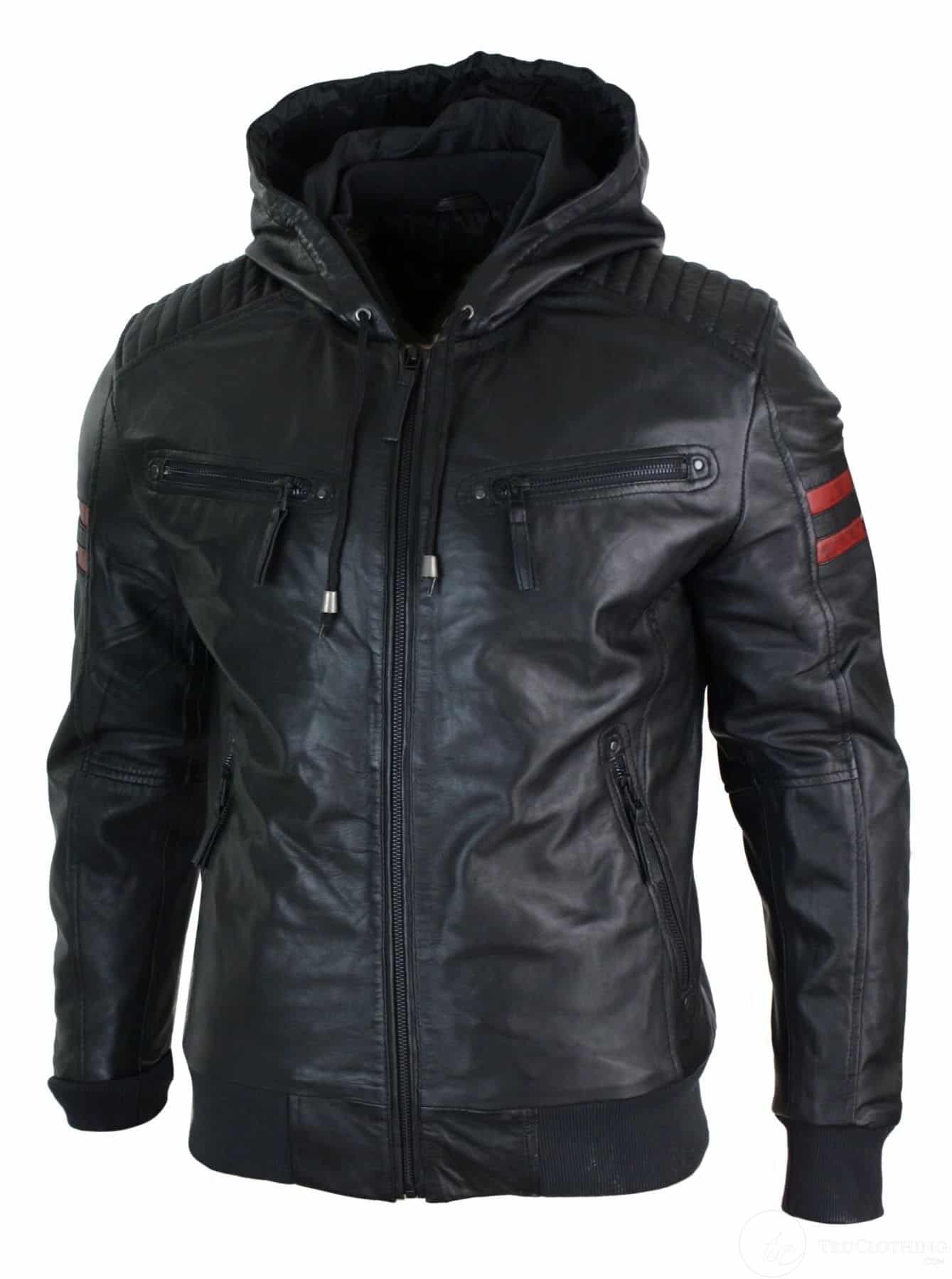 Herr Svart Huva Äkta Läder Bomberjacka Röda Randiga Quilted Slim Fit Casual