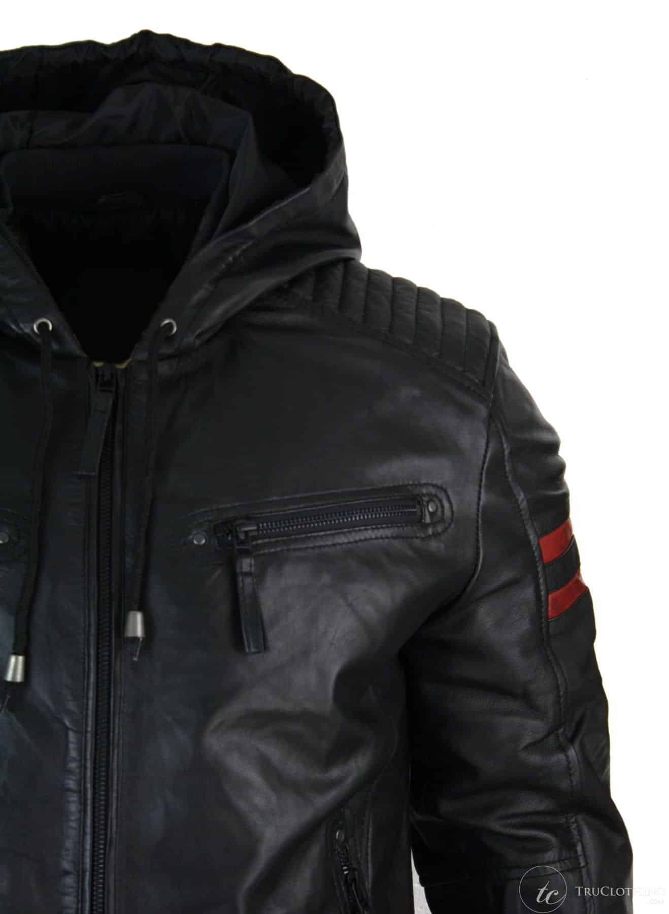 Herr Svart Huva Äkta Läder Bomberjacka Röda Randiga Quilted Slim Fit Casual