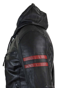 Herr Svart Huva Äkta Läder Bomberjacka Röda Randiga Quilted Slim Fit Casual