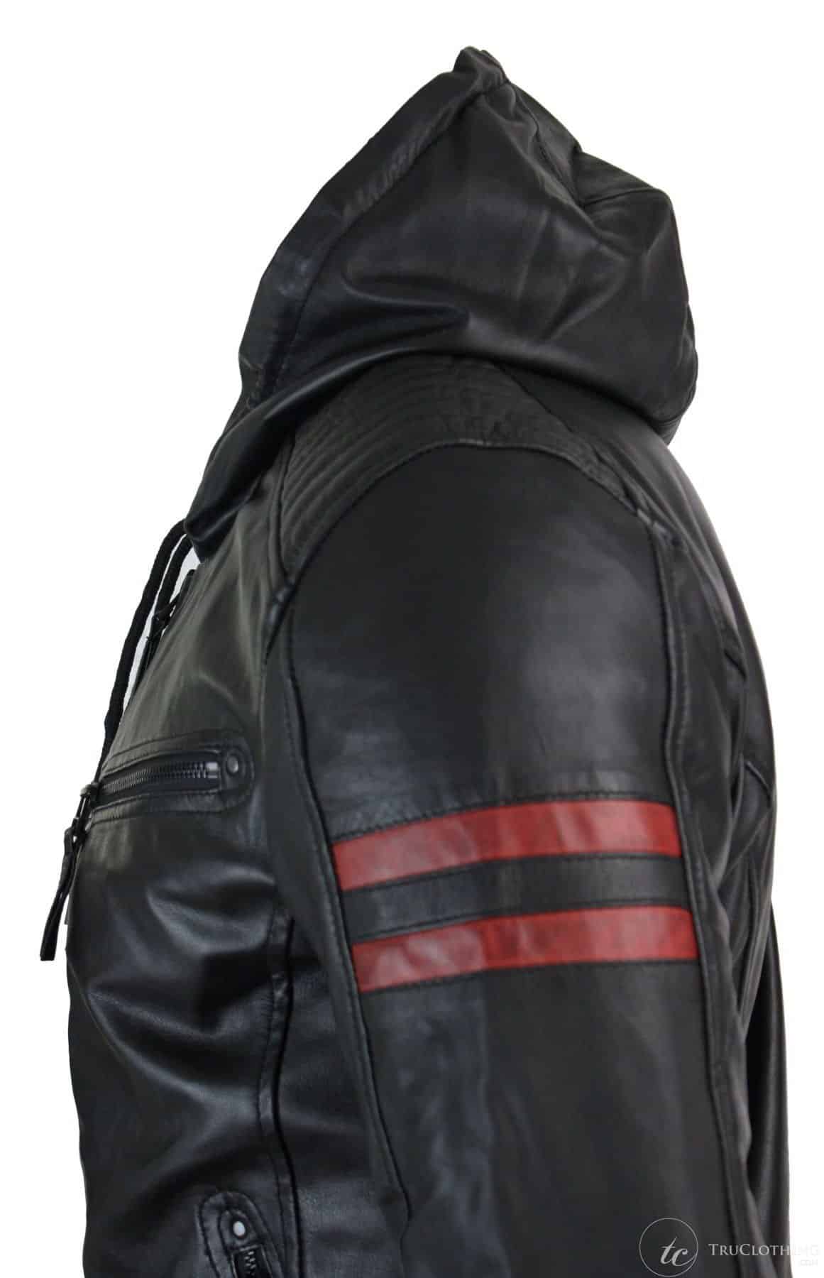 Herr Svart Huva Äkta Läder Bomberjacka Röda Randiga Quilted Slim Fit Casual