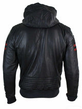 Herr Svart Huva Äkta Läder Bomberjacka Röda Randiga Quilted Slim Fit Casual