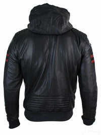 Herr Svart Huva Äkta Läder Bomberjacka Röda Randiga Quilted Slim Fit Casual