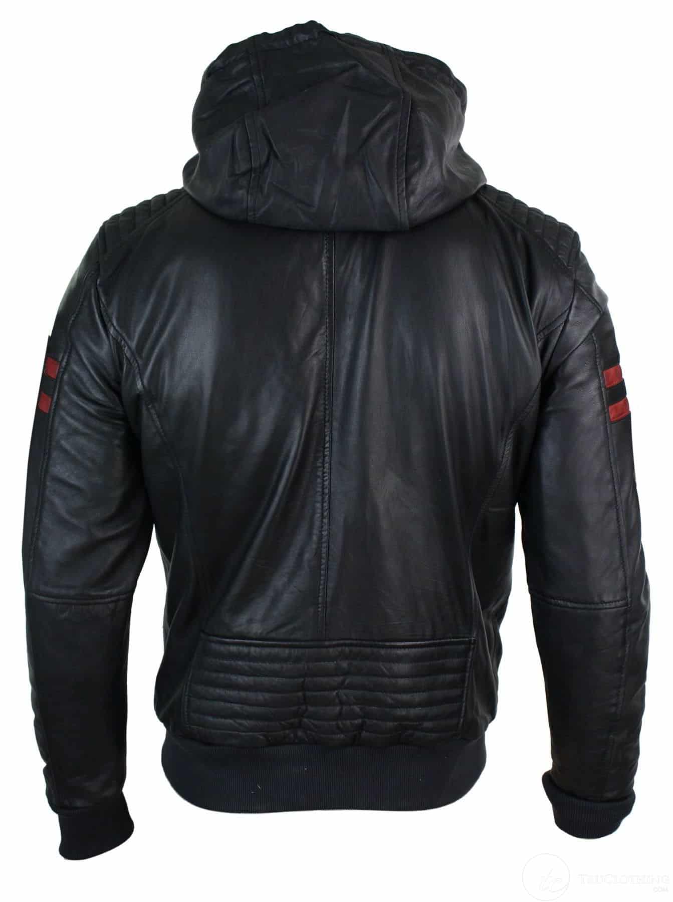 Herr Svart Huva Äkta Läder Bomberjacka Röda Randiga Quilted Slim Fit Casual