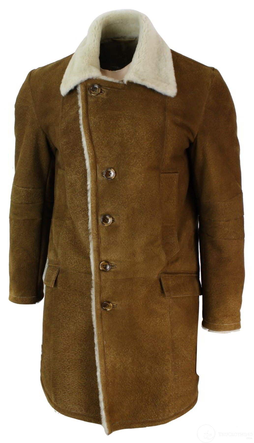 Herr Sherling Fårskinn Brun Brun 3/4 Överrock Vintage Retro Vinter Varm