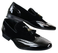 Patron 239-10 Herr Slip On Tassel Bilskor Glansigt Svarta Lackskinn PU Mocka Loafers