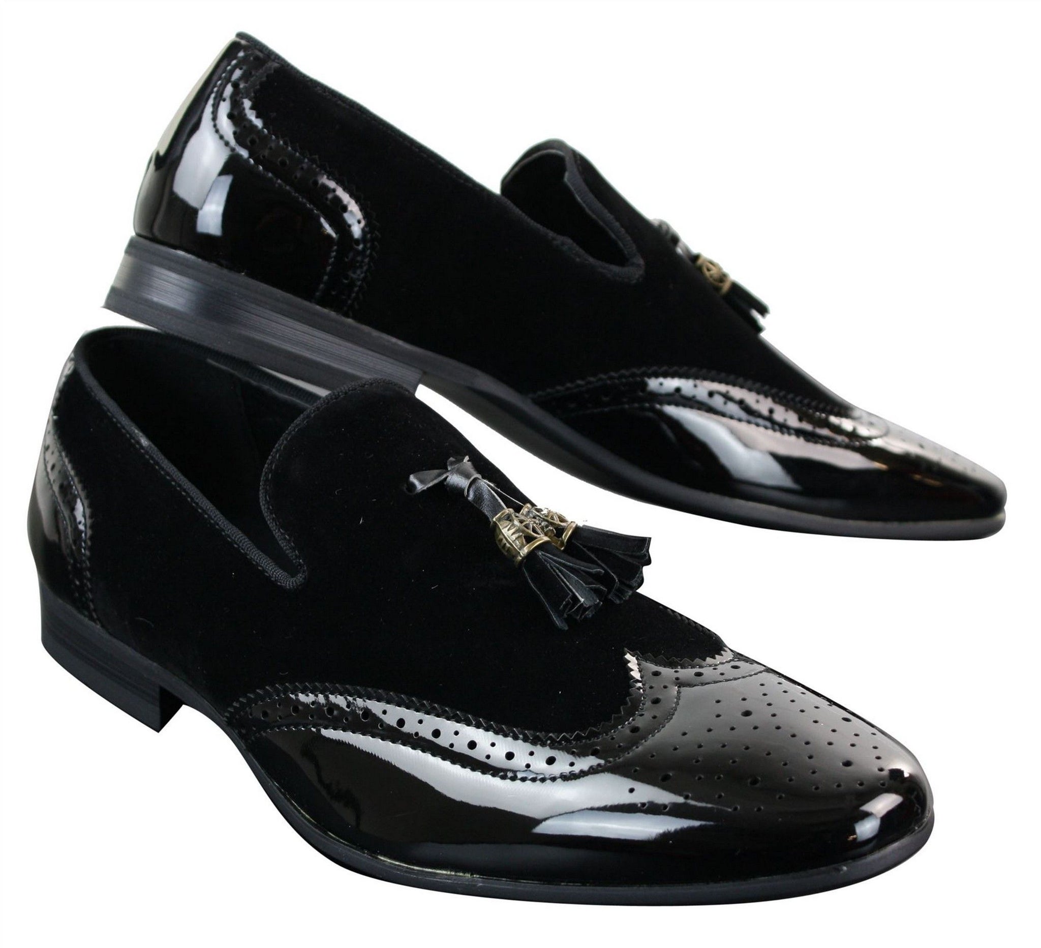 Patron 239-10 Herr Slip On Tassel Bilskor Glansigt Svarta Lackskinn PU Mocka Loafers