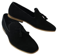 Herrloafers i mocka med tofsdesign, läder, svart komfort