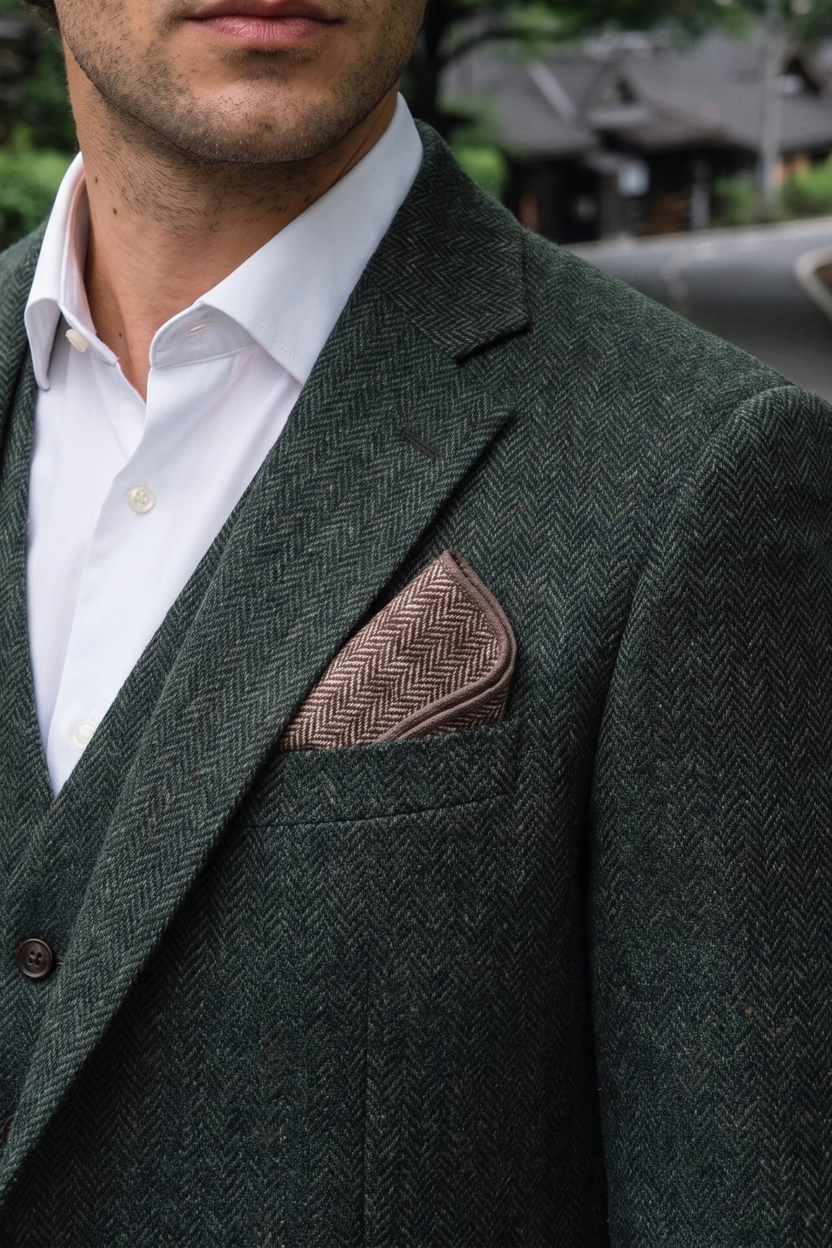 Herrnäsduk i taupe tweed i ullblandning