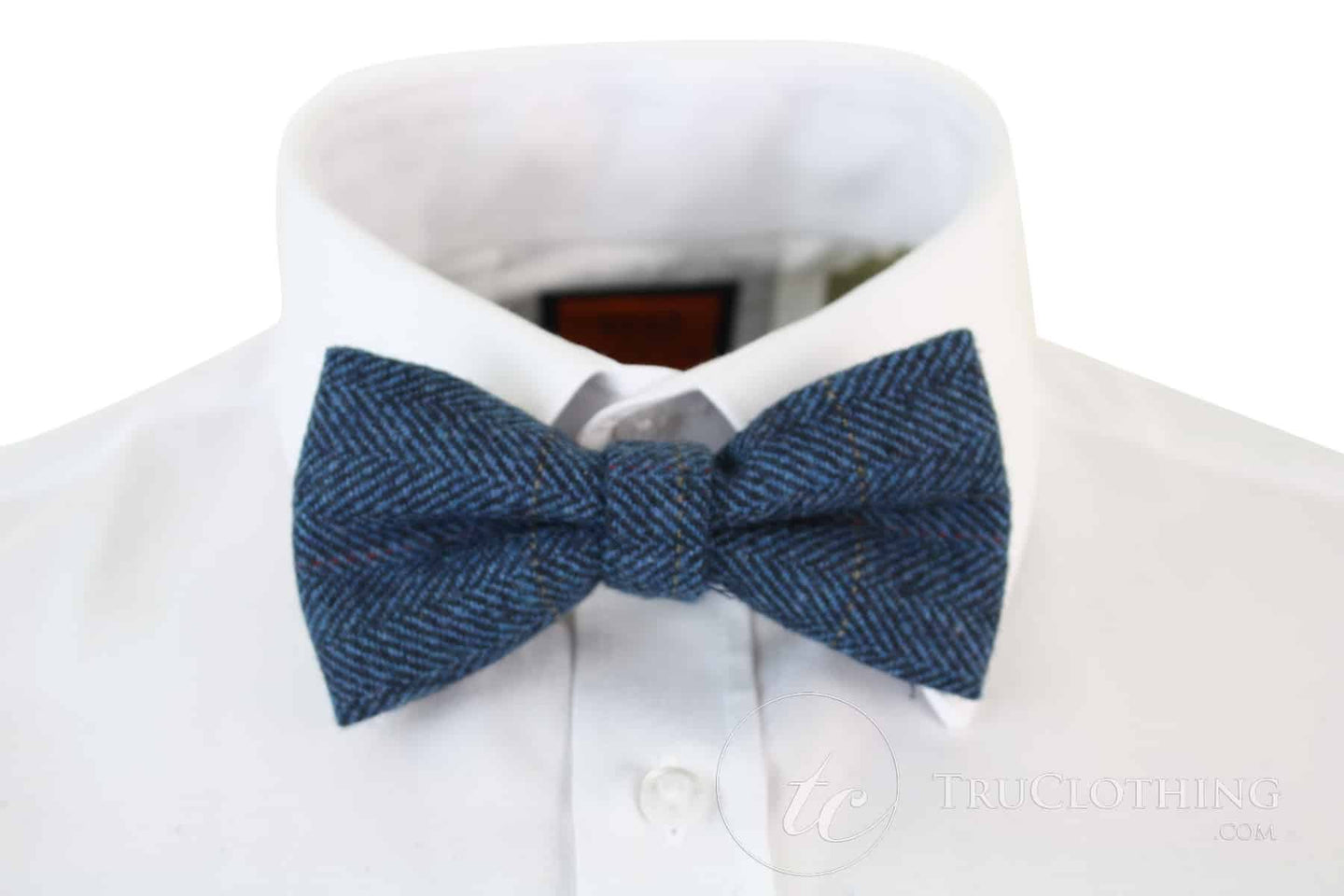 Herrfluga i tweed med fiskbensmönster, texturerad Marc Darcy, vintage retro, deonblå