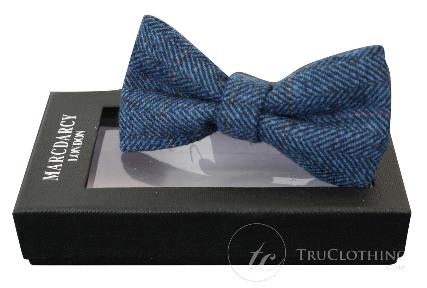 Herrfluga i tweed med fiskbensmönster, texturerad Marc Darcy, vintage retro, deonblå