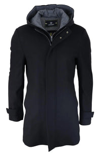 Herr 3/4 Lång Överrock Svart Jacka Avtagbar Huva Smart Casual Vinter Varm Ull