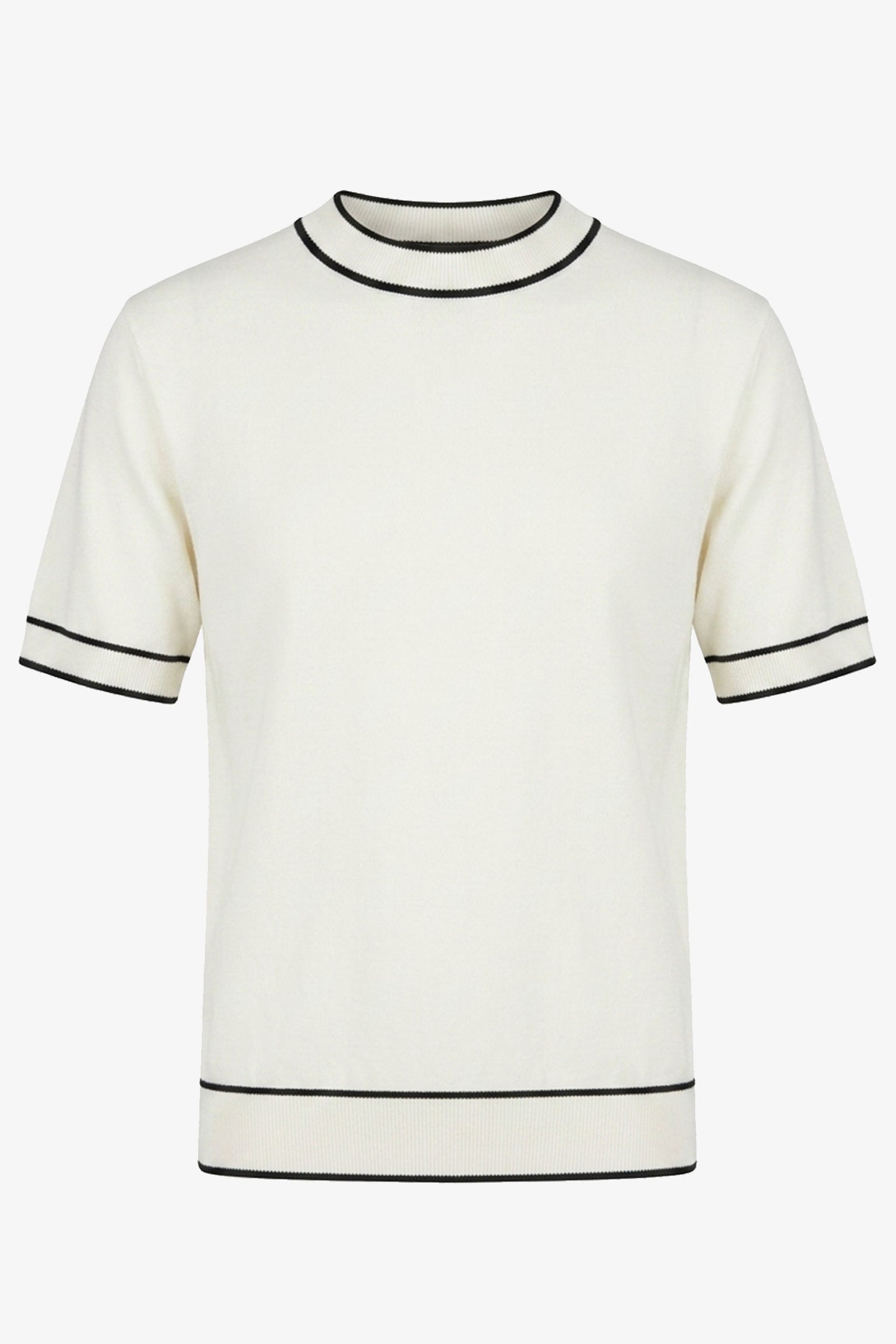 Herrvit stickad t-shirt med rund hals och kontrastfärgad kant, normal passform